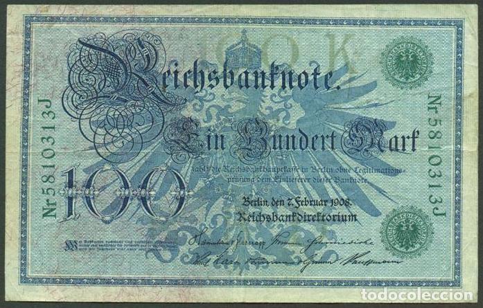 Billetes extranjeros: ALEMANIA (Imperio). 100 mark 7.2.1908. Pick 34. Numero de serie en verde.