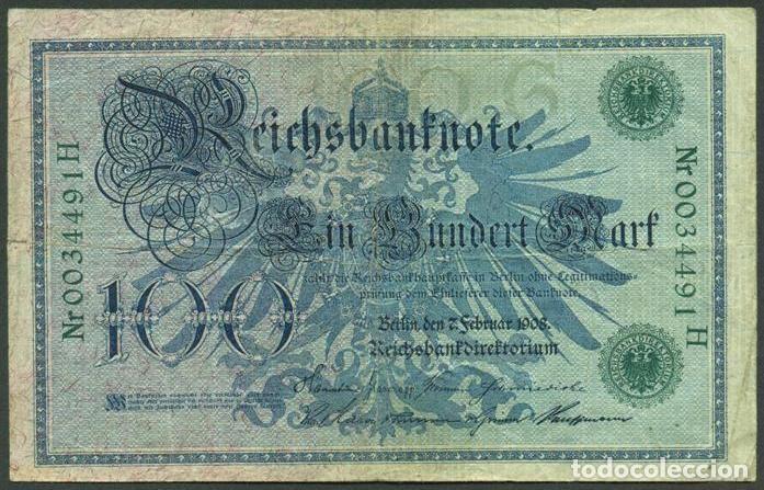 Billetes extranjeros: ALEMANIA (Imperio). 100 mark 7.2.1908. Pick 34. Numero de serie en verde.