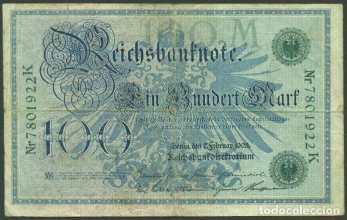 Billetes extranjeros: ALEMANIA (Imperio). 100 mark 7.2.1908. Pick 34. Numero de serie en verde.