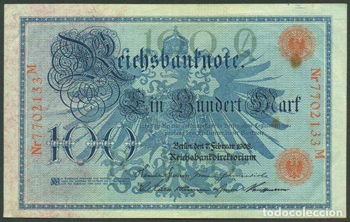 Billetes extranjeros: ALEMANIA (Imperio). 100 mark 7.2.1908. Pick 33. Numero de serie en rojo.