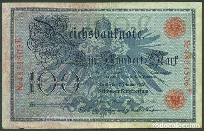 Billetes extranjeros: ALEMANIA (Imperio). 100 mark 7.2.1908. Pick 33. Numero de serie en rojo.