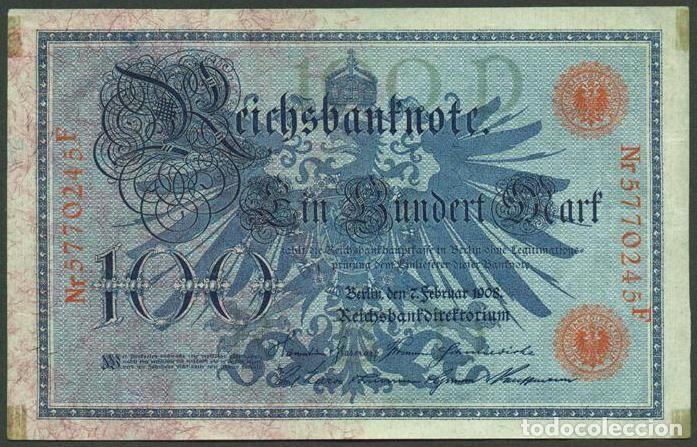 Billetes extranjeros: ALEMANIA (Imperio). 100 mark 7.2.1908. Pick 33. Numero de serie en rojo.