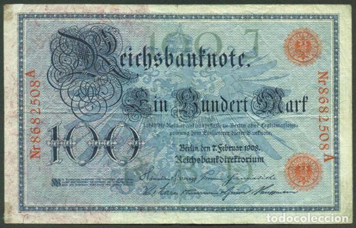 Billetes extranjeros: ALEMANIA (Imperio). 100 mark 7.2.1908. Pick 33. Numero de serie en rojo.
