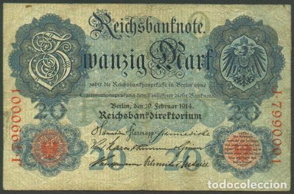 Billetes extranjeros: ALEMANIA. I G.M. 20 mark 19.2.1914. Pick 46 b. 7 digitos.