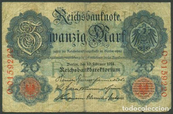 Billetes extranjeros: ALEMANIA. I G.M. 20 mark 19.2.1914. Pick 46 b. 7 digitos.
