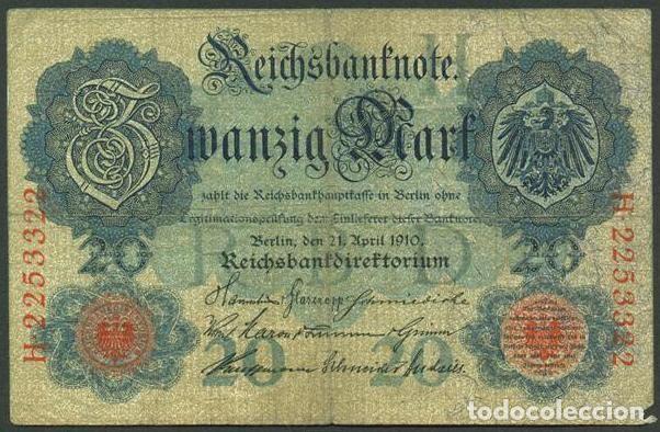 Billetes extranjeros: ALEMANIA (Imperio). 20 mark 21.4.1910. Pick 40 b. 7 digitos.