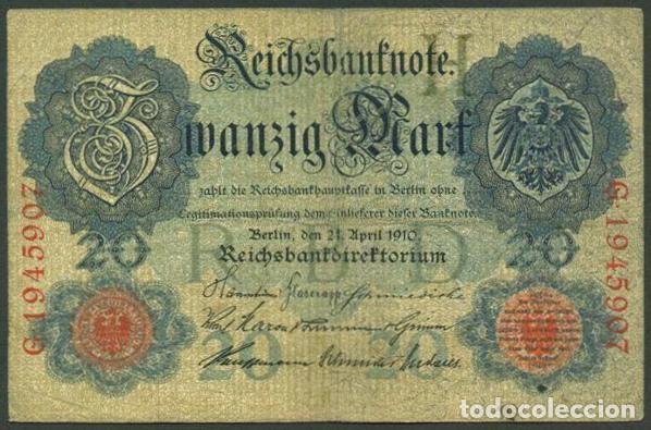 Billetes extranjeros: ALEMANIA (Imperio). 20 mark 21.4.1910. Pick 40 b. 7 digitos.