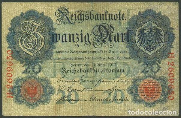 Billetes extranjeros: ALEMANIA (Imperio). 20 mark 21.4.1910. Pick 40 b. 7 digitos.