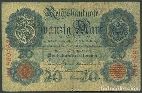 Billetes extranjeros: ALEMANIA (Imperio). 20 mark 21.4.1910. Pick 40 b. 7 digitos.