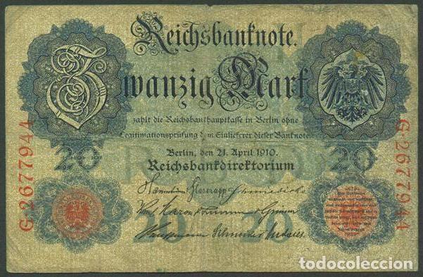 Billetes extranjeros: ALEMANIA (Imperio). 20 mark 21.4.1910. Pick 40 b. 7 digitos.