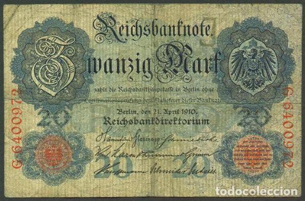 Billetes extranjeros: ALEMANIA (Imperio). 20 mark 21.4.1910. Pick 40 b. 7 digitos.