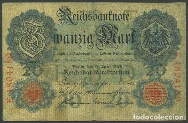 Billetes extranjeros: ALEMANIA (Imperio). 20 mark 21.4.1910. Pick 40 b. 7 digitos.