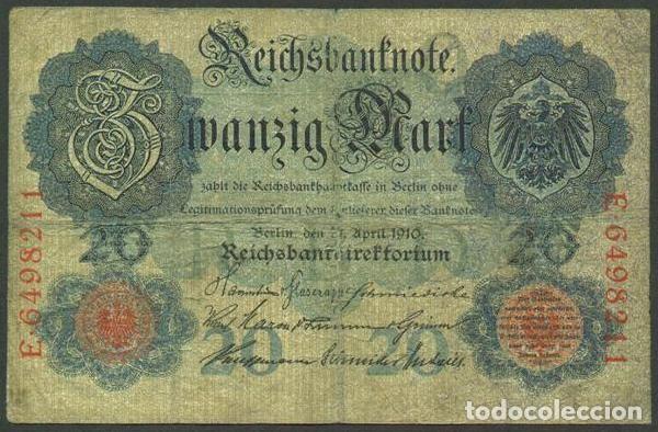 Billetes extranjeros: ALEMANIA (Imperio). 20 mark 21.4.1910. Pick 40 b. 7 digitos.
