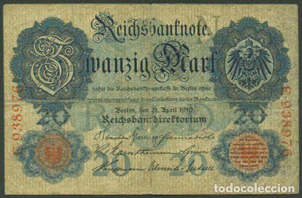 Billetes extranjeros: ALEMANIA (Imperio). 20 mark 21.4.1910. Pick 40 a. 6 digitos.