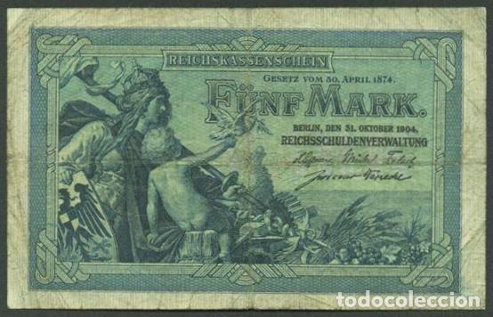 Billetes extranjeros: ALEMANIA (Imperio). 5 mark 31.10.1904. Pick 8 a. 6 digitos.