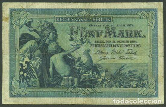 Billetes extranjeros: ALEMANIA (Imperio). 5 mark 31.10.1904. Pick 8 a. 6 digitos.