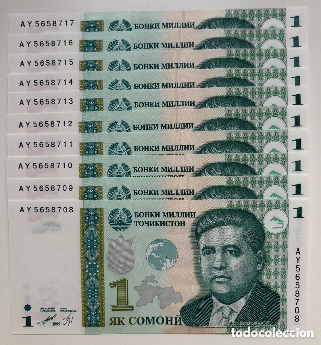 Billetes extranjeros: Lote x 10 Billetes TAJIKISTAN 1 Somoni 1999 SC