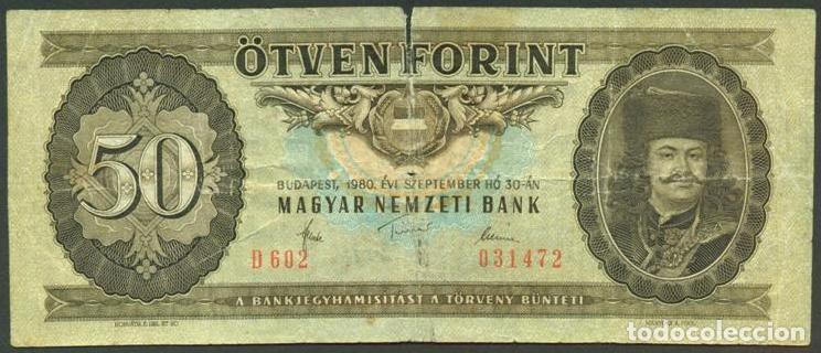 Billetes extranjeros: HUNGRIA. 50 forint 30.9. 1980. Prefijo D