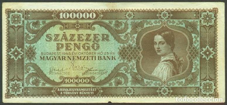 Billetes extranjeros: HUNGRIA. 100000 pengo 23.10. 1945. Pick 121.