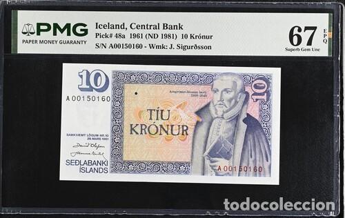 Billetes extranjeros: ISLANDIA * BILLETE 10 KRONUR 1961 * PMG-67 EPQ (IC-1940)