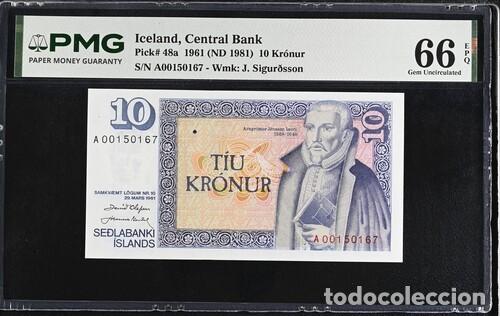 Billetes extranjeros: ISLANDIA * BILLETE 10 KRONUR 1961 * PMG-66 EPQ (IC-1941)