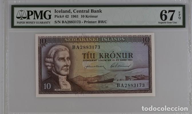 Billetes extranjeros: ISLANDIA * BILLETE 10 KRONUR 1961 * PMG-67 EPQ (IC-1942)
