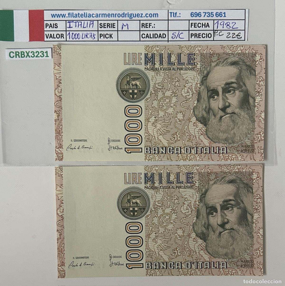 Billetes extranjeros: CRBX3231 BILLETES PAREJA CORRELATIVA ITALIA 1000 LIRAS 1982 SERIE M SIN CIRCULAR
