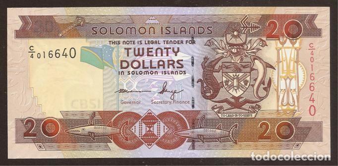 Billetes extranjeros: Islas Salomon (Solomon). 20 $ S/F (2011). Prefijo C/4. S/C. Ver firmas. Pick 28. Tama&ntilde;o 72 x 154 mm.