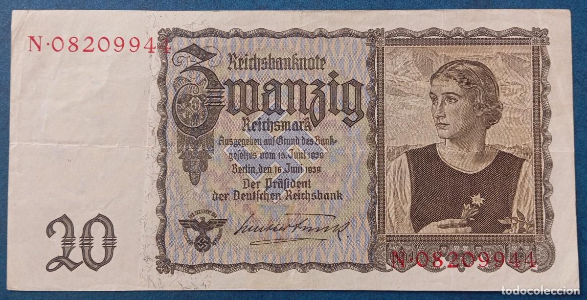 Billetes extranjeros: Alemania 20 reichsmark , marcos 1939 pick 185 (MBC)