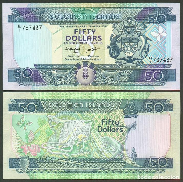 Billetes extranjeros: Islas Salomon (Solomon). 50 $ S/F(1986). Prefijo B/1. Pick 17. S/C. Fauna. Tama&ntilde;o 80 x 160 mm.