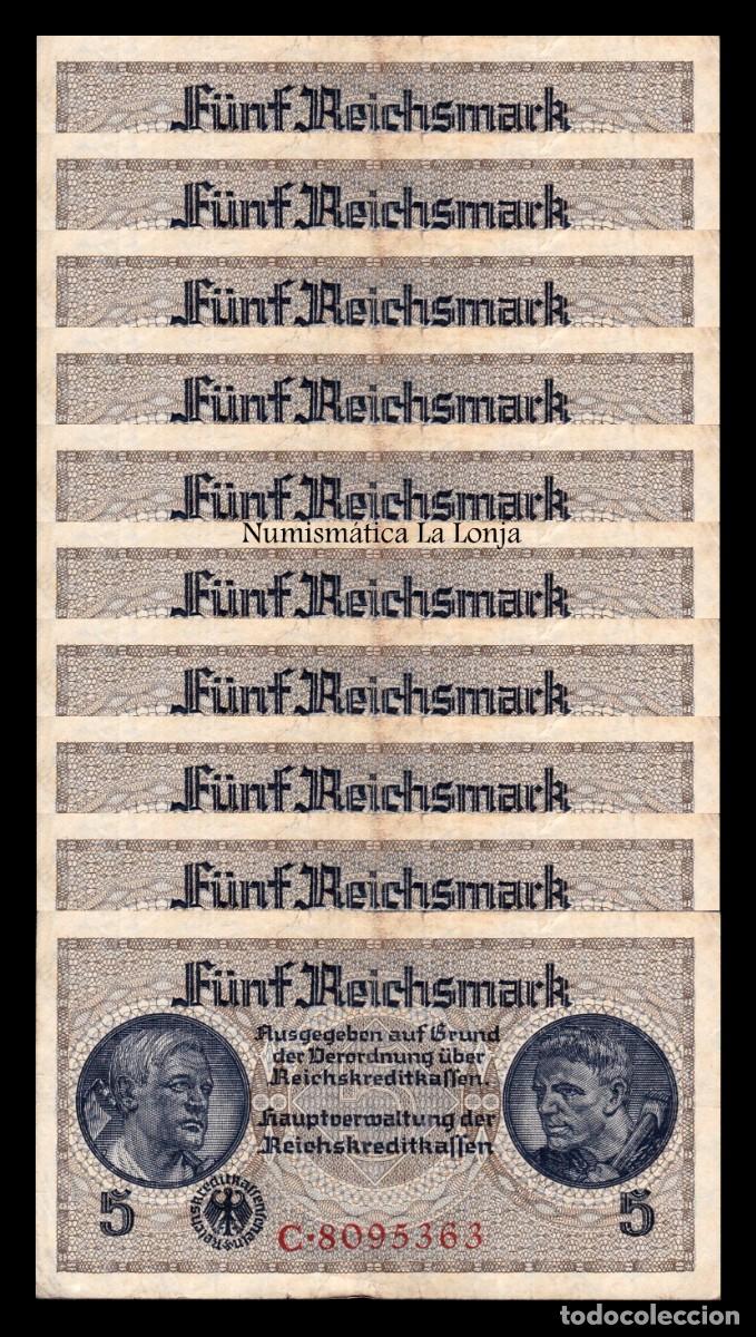 Billetes extranjeros: Alemania Lote 10 billetes 5 Reichsmark 1940-1945 Pick R138 Mbc Vf