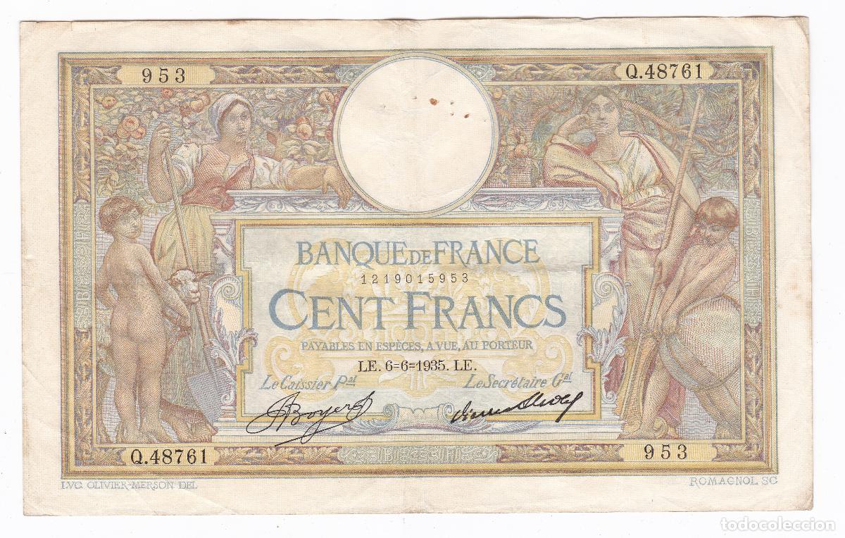 Billetes extranjeros: Francia. Billete de 100 Francos. A&ntilde;o 1935. Luc Olivier Merson. Pick 78. N#206027. MBC+ VF+