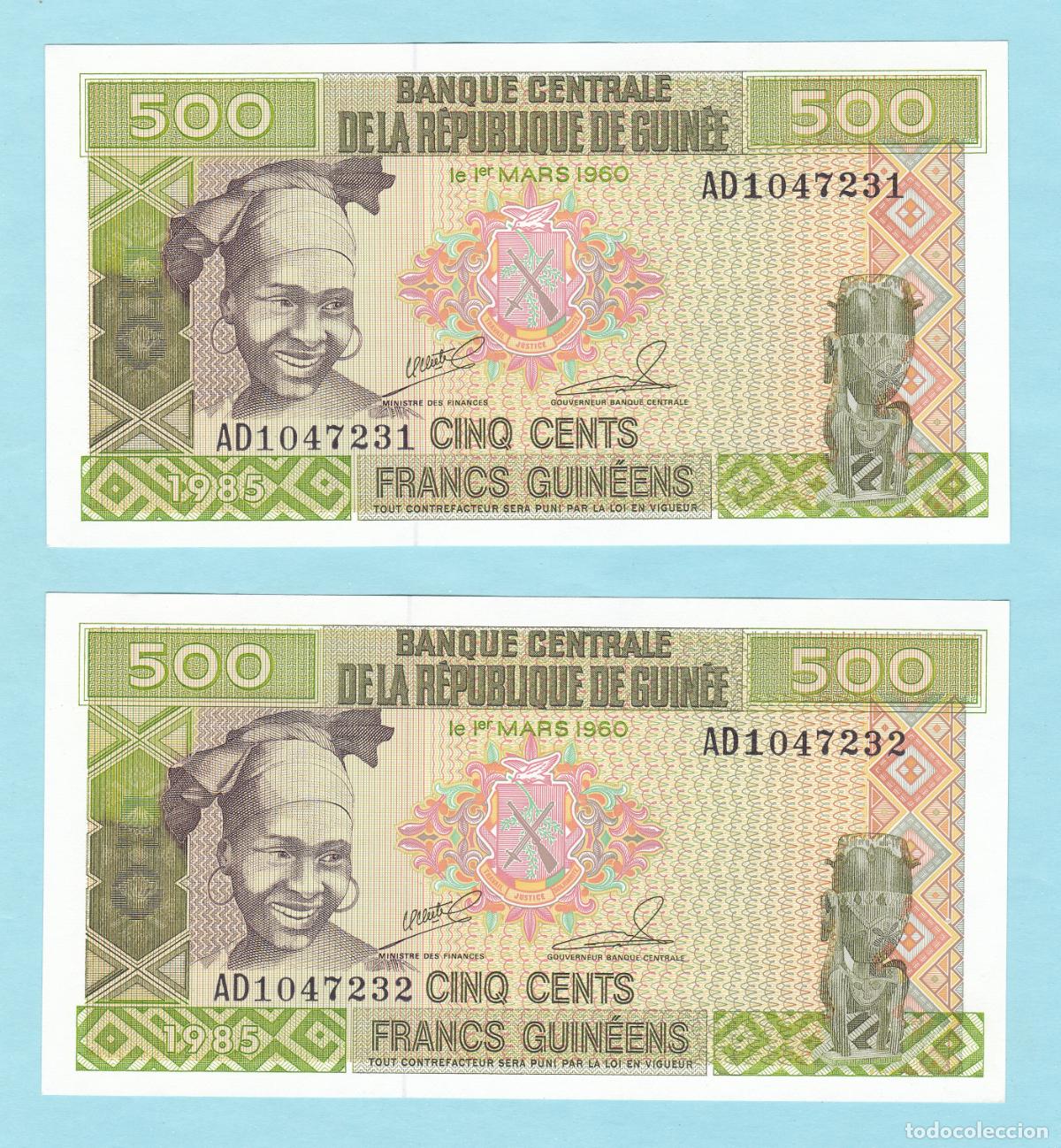 Billetes extranjeros: Guinea. Pareja de Billetes de 500 Francos Guineanos correlativos. A&ntilde;o 1985. Sin Circular. SC. UNC