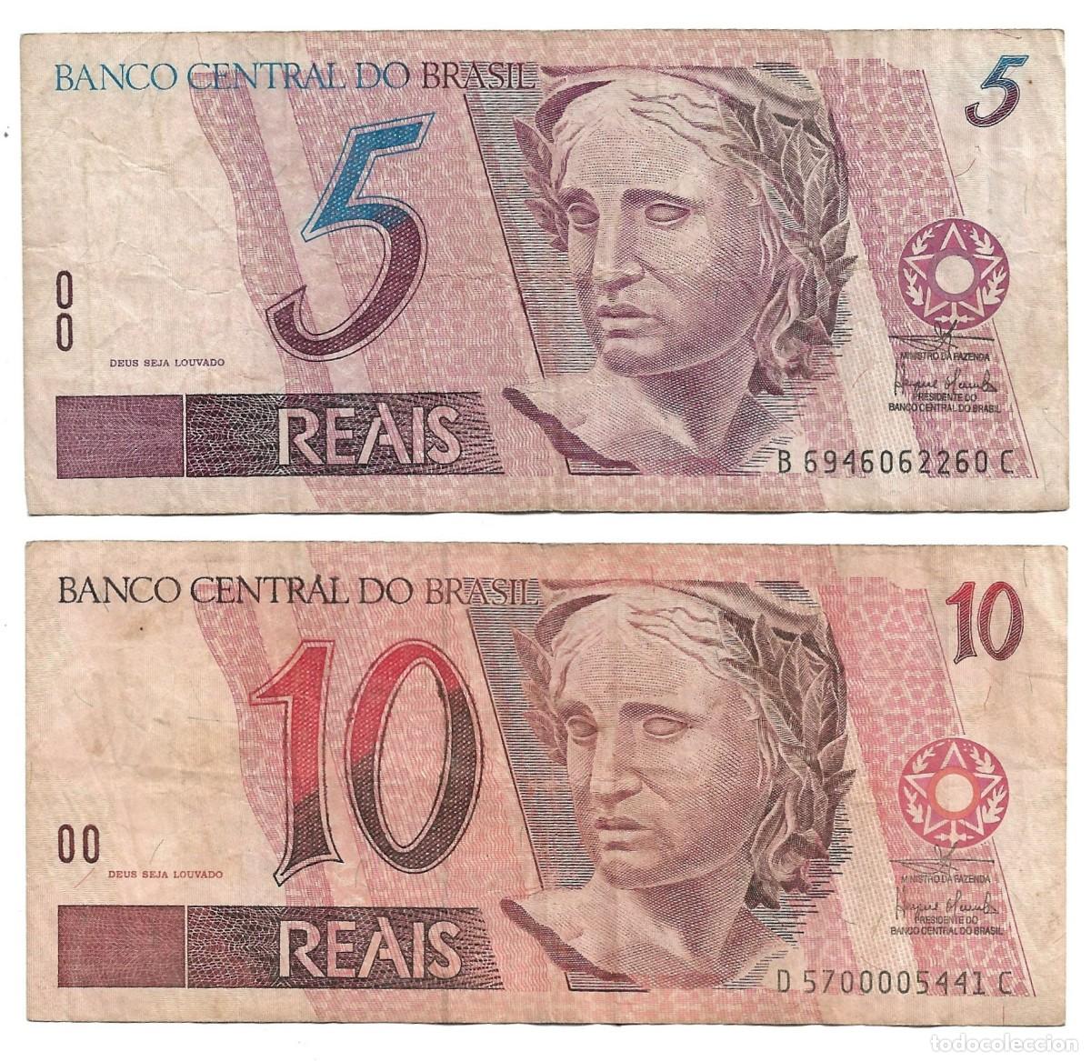 Billetes extranjeros: &iexcl;El Nacimiento del Real! Lote de 2 Billetes Hist&oacute;ricos de Brasil (5 y 10 Reais)