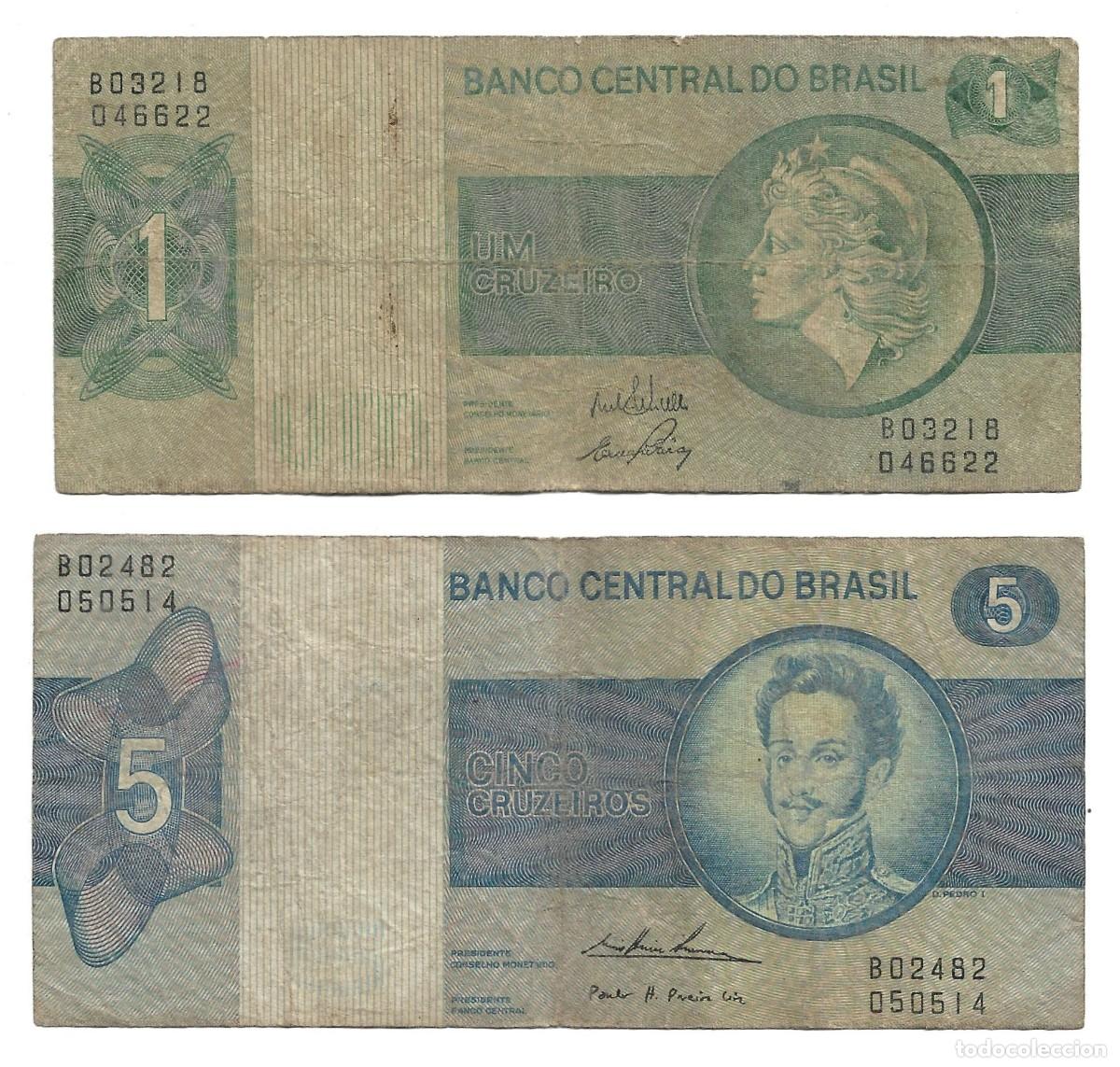 Billetes extranjeros: 2 Billetes Hist&oacute;ricos de Brasil (1 y 5 Cruzeiros)