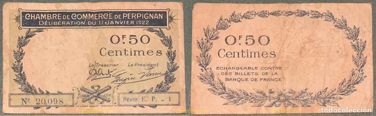 Banconote internazionali: 1128 FRANCIA 1922 BILLETE 0,50 CENTIMES, CHAMBRE COMMERCE PERPIGNAN 1922