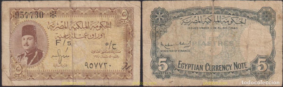 Notas Internacionais: 1270 EGIPTO 1940 EGYPT 5 PIASTRES 1940