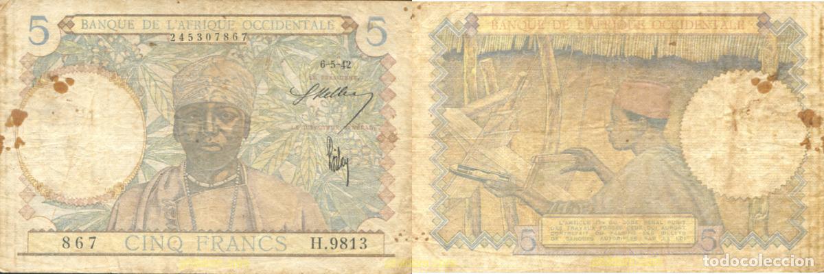Billetes extranjeros: 1373 AFRICA OCCIDENTAL FRANCESA 1942 5 FRANCS FRENCH WEST AFRICA 1942