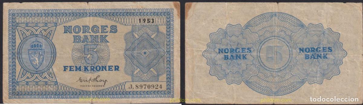 Billetes extranjeros: 2782 NORUEGA 1953 NORWAY NORGES BANK 1953 5 KRONER