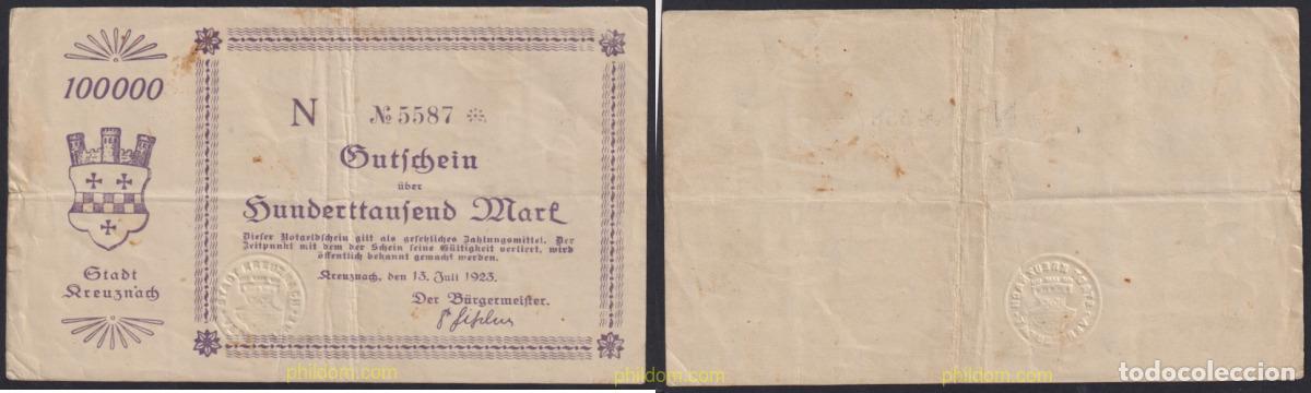 Internationale Banknoten: 3049 ALEMANIA 1923 GERMANY 100000 MARK 1923 KREUZNACH SELLO EN SECO