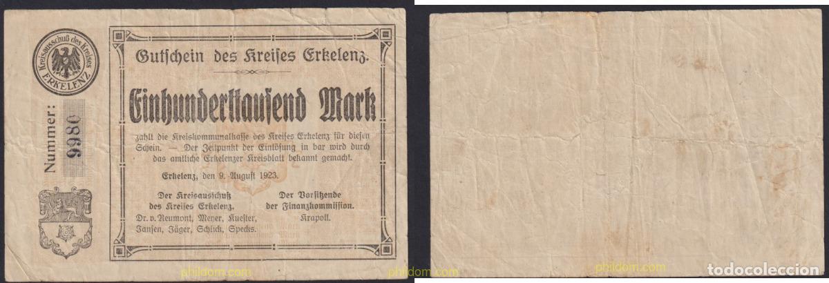 Internationale Banknoten: 3050 ALEMANIA 1923 GERMANY 100 TAUSEN MARK 1923 ERHELENZ