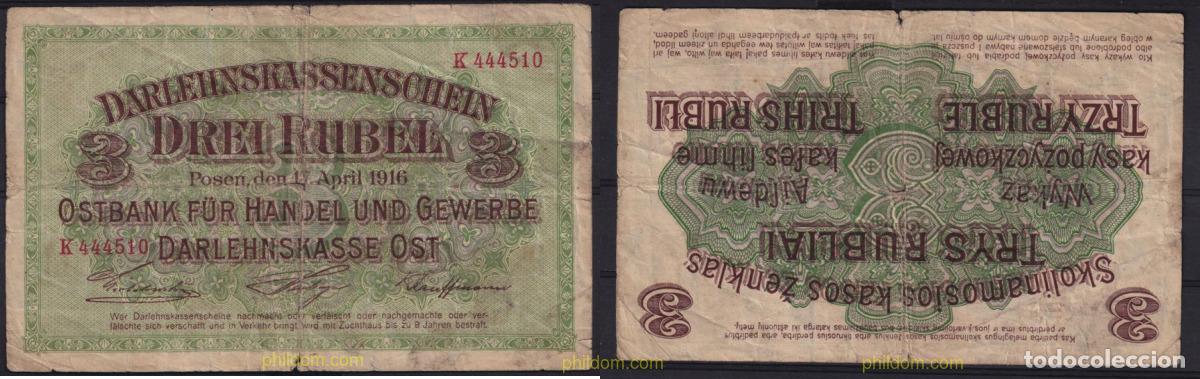 Billetes extranjeros: 3478 LITUANIA 1916 LITHUANIA 3 RUBEL GERMANY 1916