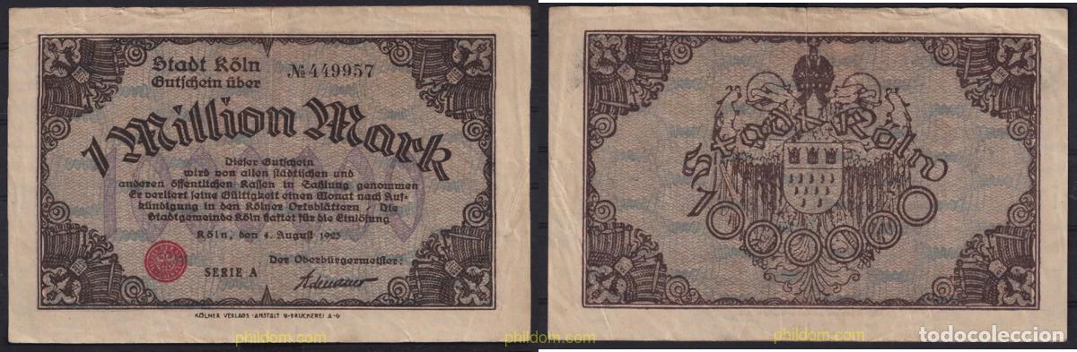 Banconote internazionali: 3642 ALEMANIA 1923 GERMANY 1 MILLION MARK K&Ouml;LN 1923