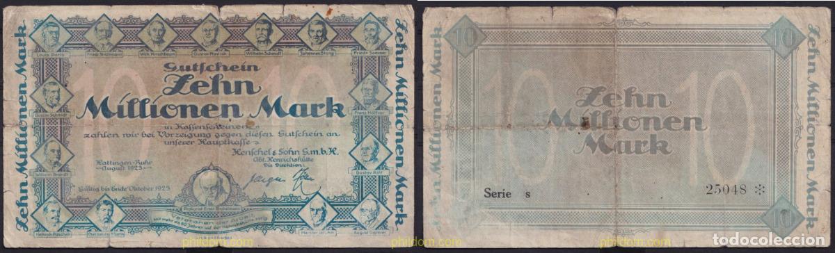 International Banknotes: 3658 ALEMANIA 1923 10 MILLIONEN MARK 1923 GUTSCHEIN VETERANEN DER ARBEIT