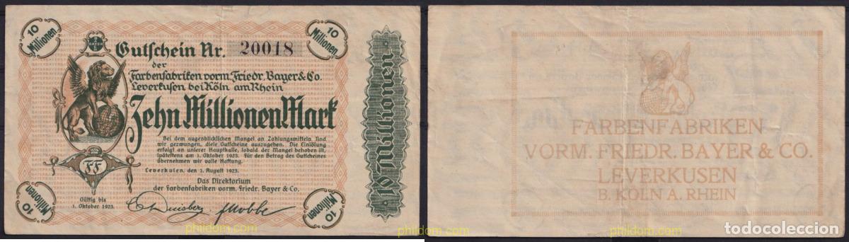 Banconote internazionali: 3671 ALEMANIA 1923 GERMANY 10000000 MARK 1923 LEVERKUSEN FARBENFABRIKEN VORM FRIEDR. BAYER & CO