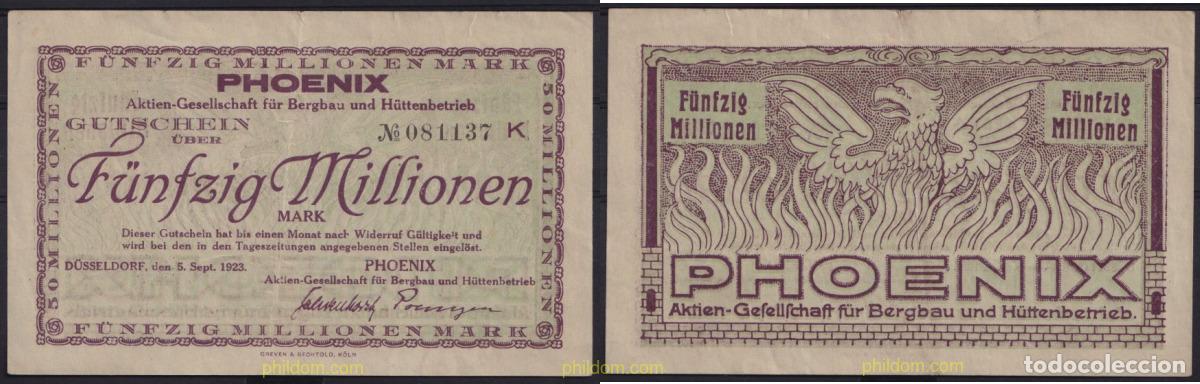 Banconote internazionali: 3677 ALEMANIA 1923 GERMANY F&Uuml;NFZIG MILLIONEN 50000000 MARK PHOENIX 1923