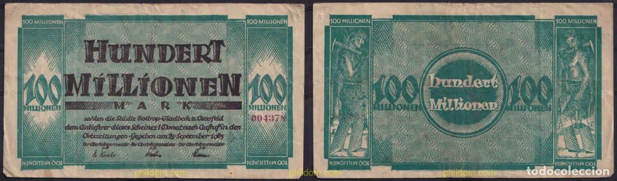 Banconote internazionali: 3687 ALEMANIA 1923 GERMANY HUNDERT MILLIONEN MARK GLADBECK OSTERFELD 1923