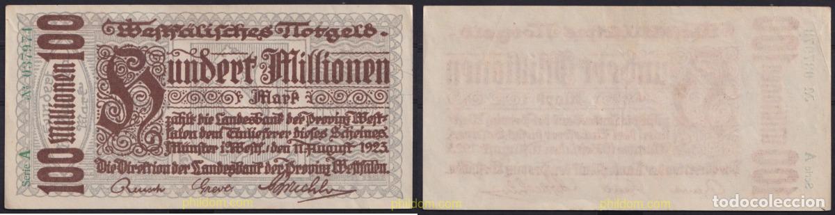 Banconote internazionali: 3688 ALEMANIA 1923 GERMANY 100 MILLIONS MARK M&Uuml;NSTER 1923