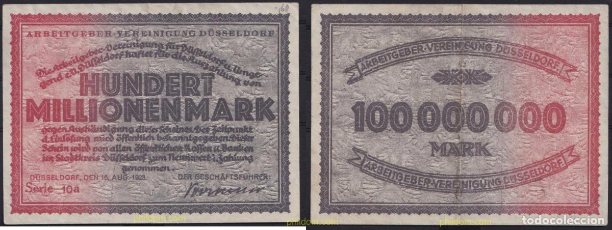 Banconote internazionali: 3691 ALEMANIA 1923 GERMANY HUNDERT MILLIONEN MARK DUSSELDORF 1923