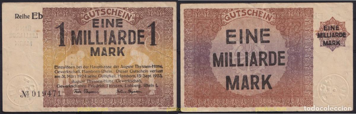 Banconote internazionali: 3696 ALEMANIA 1923 GERMANY EINE MILLIARDE MARK GUTSCHEIN 1923